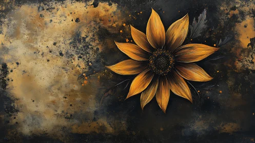 Sunflower bloom on textured charcoal and ochre ground.