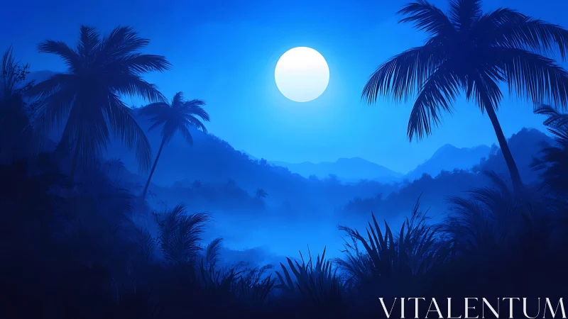 Moonlit jungle glows softly under a calm blue night sky