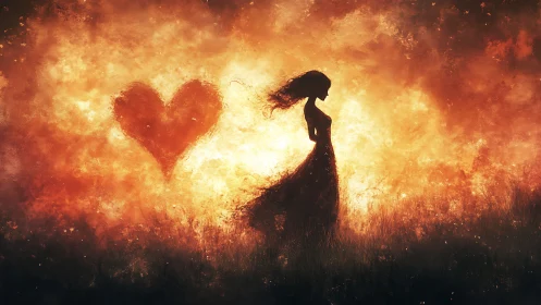 Silhouetted Figure Against Fiery Heart Shape in Dramatic Luminous Landscape