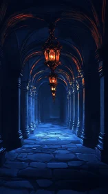 Gothic stone corridor glows under suspended firelit lanterns