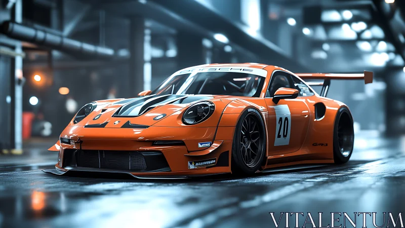 Orange GT race car under cinematic garage lighting.