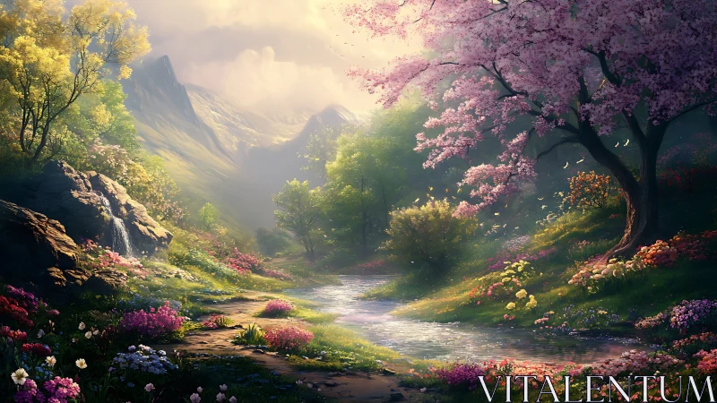 Luminous spring valley stream under flowering cherry canopy.