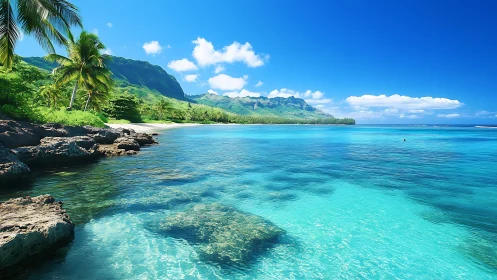 Tropical Beach Cove with Mountain and Palm Trees.