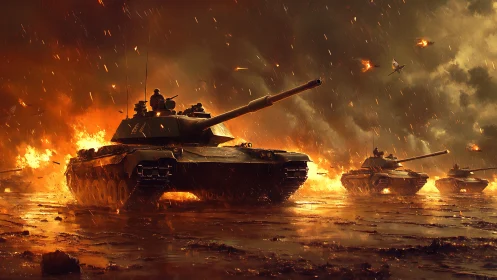 Armored tanks advancing through fire on a muddy battlefield.