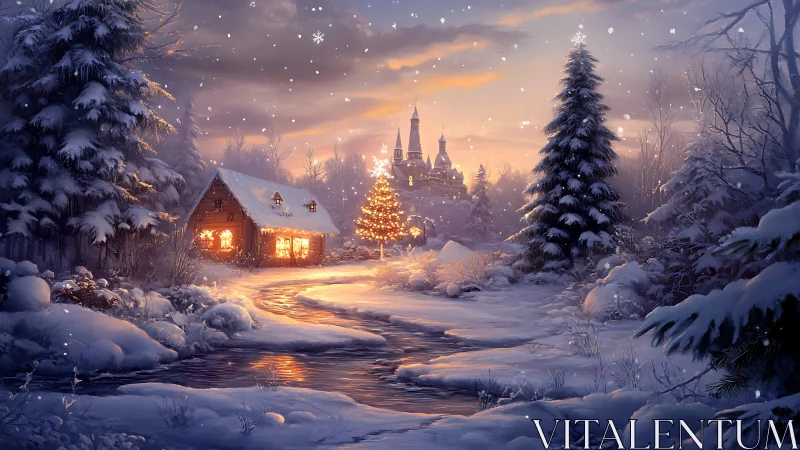 Snowlit cottage glow along a winding winter stream at dusk.