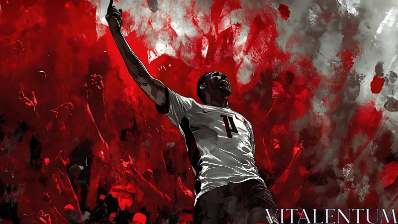 Soccer player celebrates goal against abstract red crowd