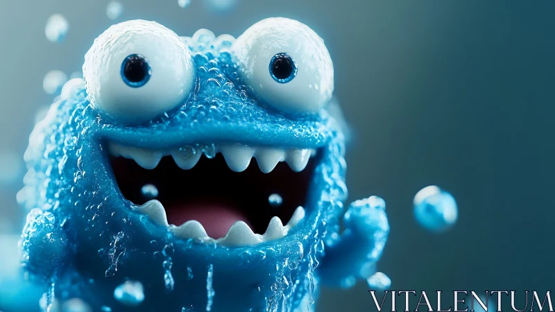 Blue droplet monster character with big eyes and teeth.