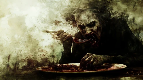 Ravenous ghoul devours a bloodstained feast in murky gloom.