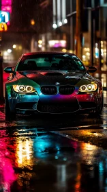 Midnight BMW coupe on neon soaked city street.