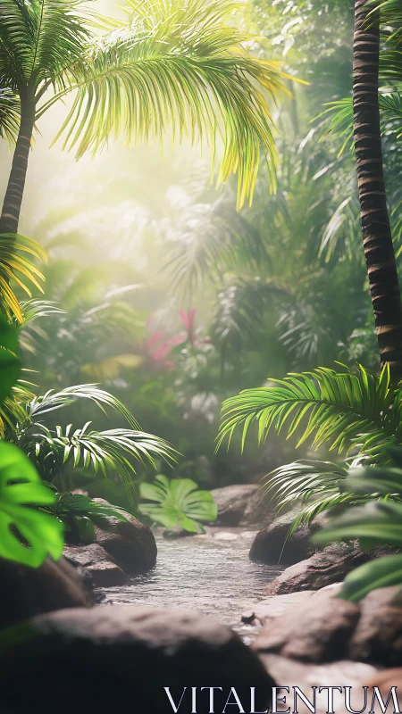 Sunlit tropical creek flows between rocks and palm fronds