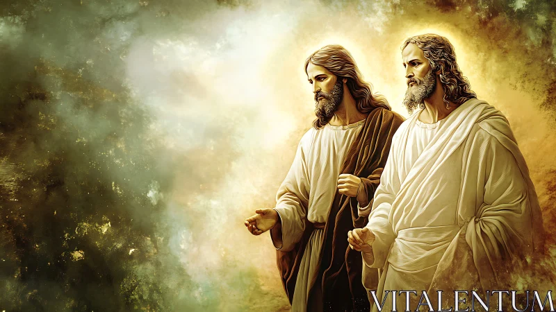 Dual robed figures walking through radiant atmospheric luminance.