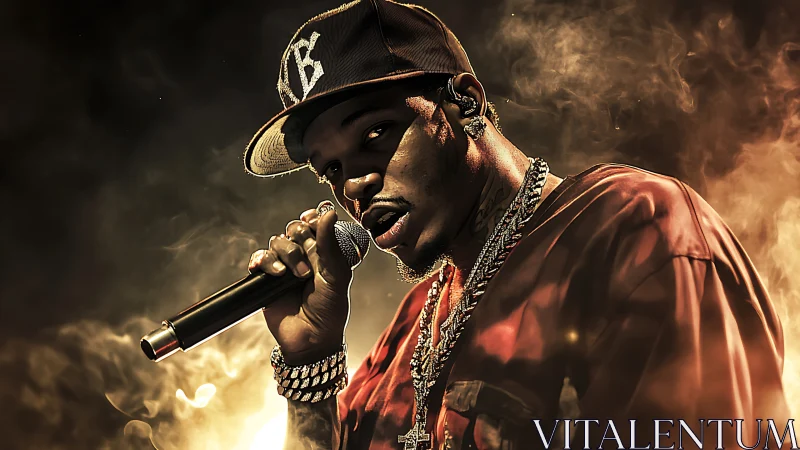 Hip-hop vocalist in golden stage haze, cinematic portrait.