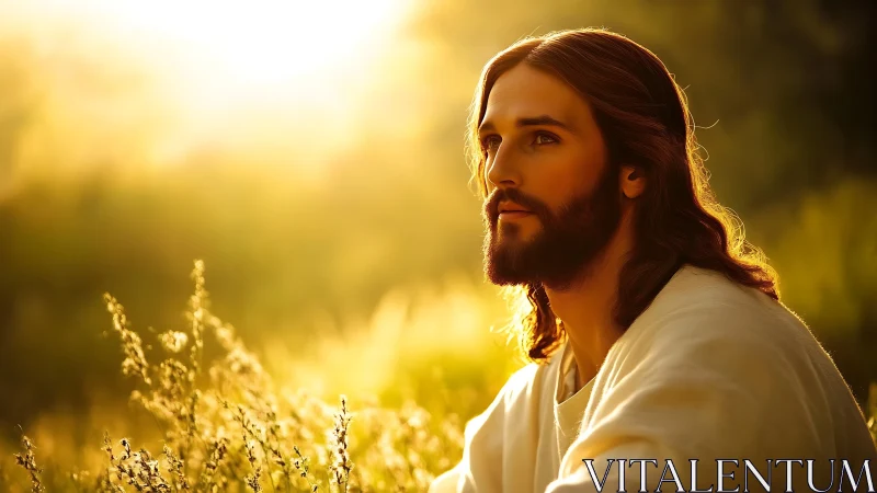 Portrait of long haired man in glowing golden sunset field