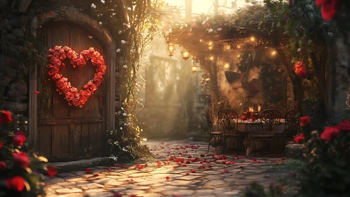 Courtyard with Heart-Shaped Floral Wreath and Evening Illumination.