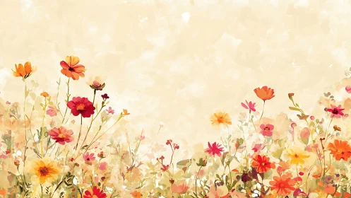Watercolor flower field rendering with warm tones and soft edges.