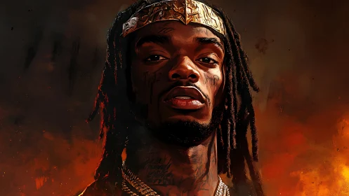Firelit crowned portrait of a defiant man in digital art.