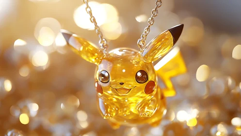 Crystal Pikachu pendant glows amid warm golden bokeh light