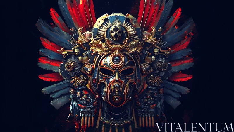 War god engine-mask crowned in burning crimson wings.