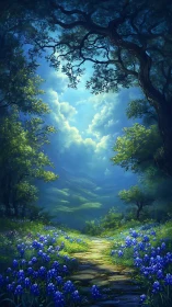 Forest pathway with flowering vegetation and sky opening.