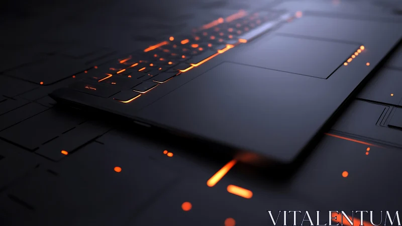 Backlit stealth laptop on modular cybernetic surface plane.