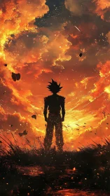 Fiery warrior silhouette before apocalyptic burning sky.