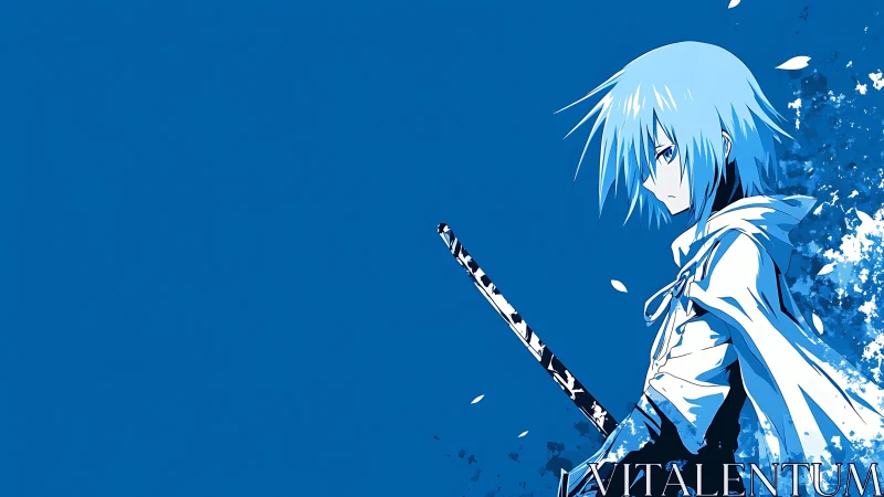 Blue-haired anime swordsman stands against empty field