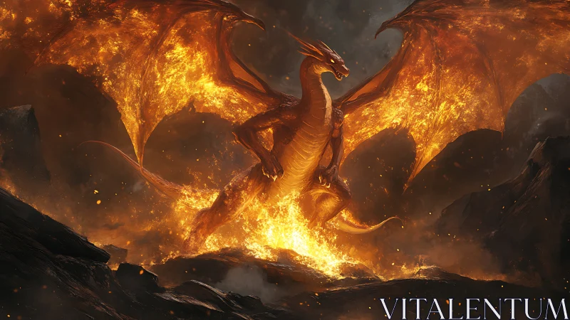 Inferno dragon rising over molten volcanic landscape.