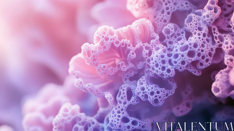 Macro view of porous pink and purple abstract cellular forms.