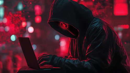 Hooded hacker silhouette on laptop in neon red city glow.