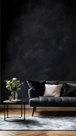 Modern black sofa and side table in minimal living room.