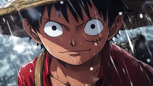 Resolute straw-hatted anime sailor under driving rainstorm.