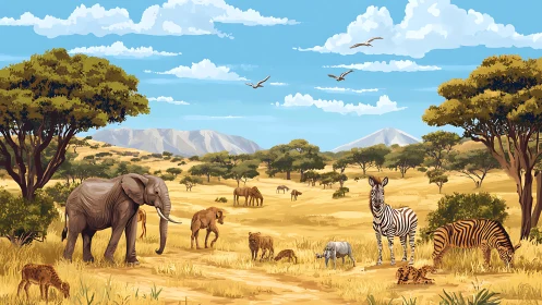 African savanna wildlife scene with elephants and zebras.