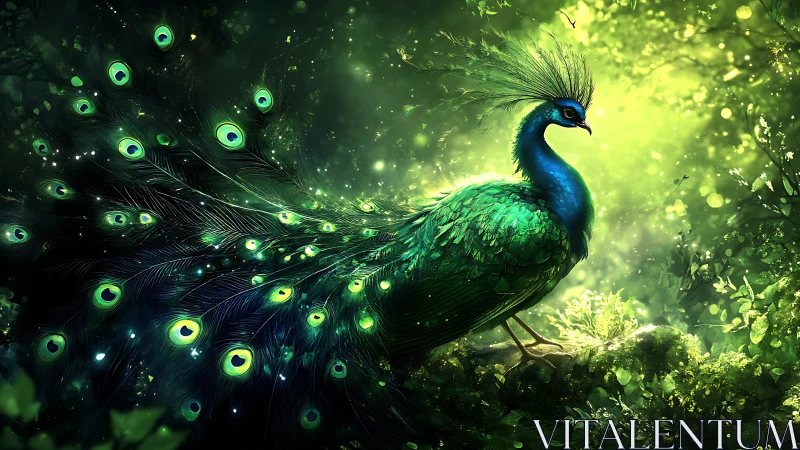 Luminous emerald peacock poised in enchanted forest glow.