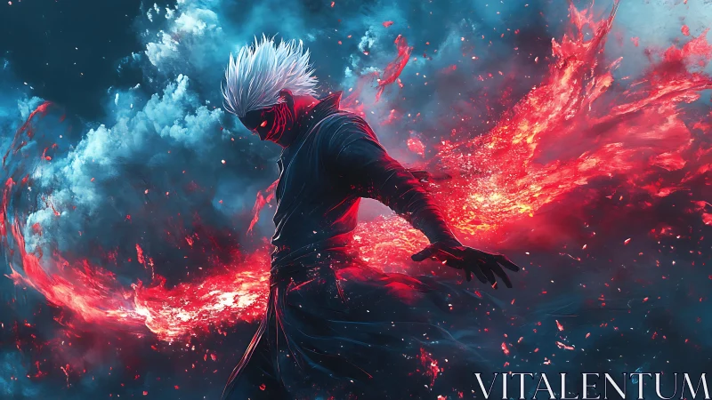 White haired warrior controls red energy in dark storm