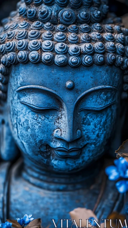 Blue stone Buddha close-up with serene floral foreground.