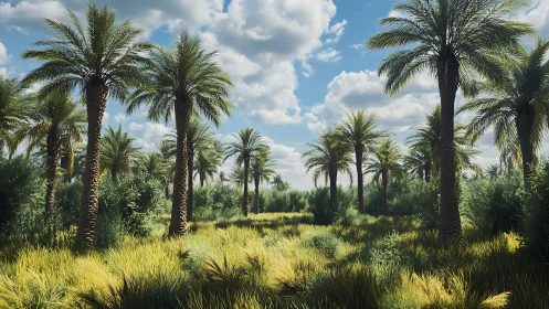 Dense palm grove under bright midday sky with clouds.