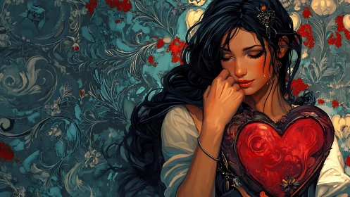 Melancholic woman embracing baroque heart reliquary emblem.