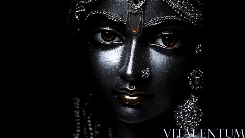 Glistening dark statue face gazes softly from deep shadow