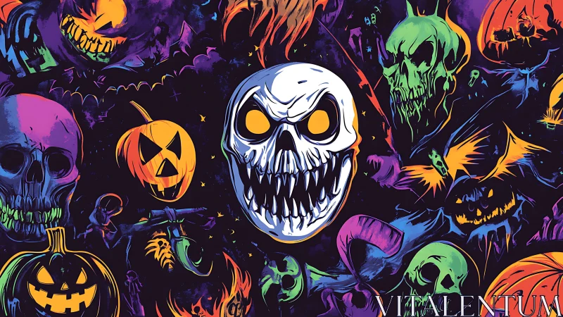 Chromatic Halloween skull swarm with neon spectral jack-o-lanterns.