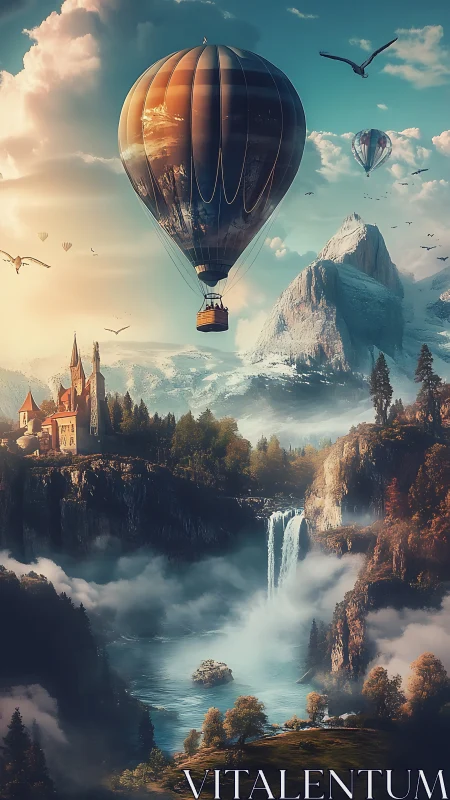 Hot air balloon over alpine fantasy canyon waterfall vista