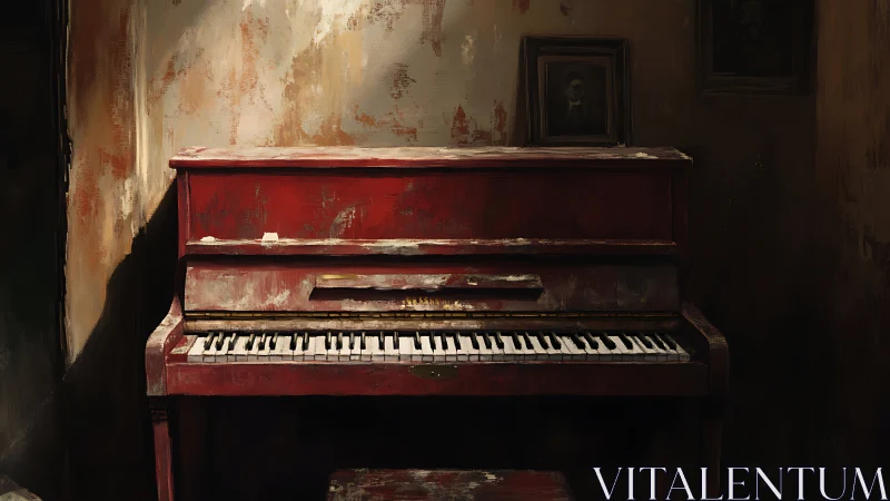 Worn red upright piano in dim interior corner setting.