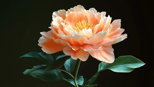 Peach Peony Bloom with Golden Stamens Against Dark Background.