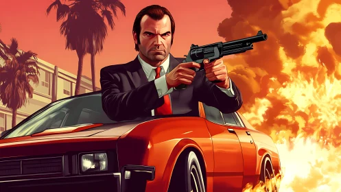 Armed man in suit aiming revolver beside burning car.