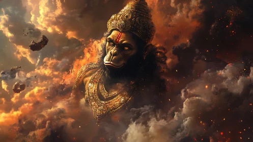 Divine warrior ape emerges from burning celestial clouds