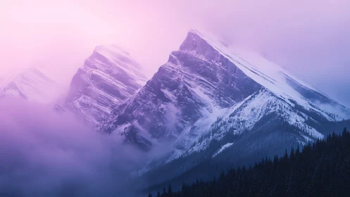 Snow covered mountain ridge in dense pink atmospheric haze.