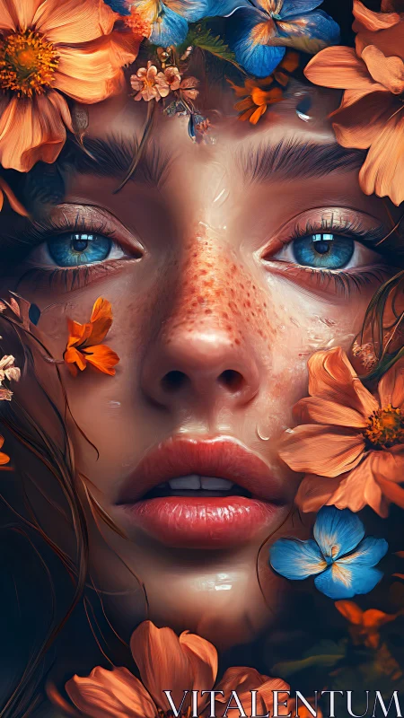Digital portrait with hyperreal florals and dewy skin rendering.