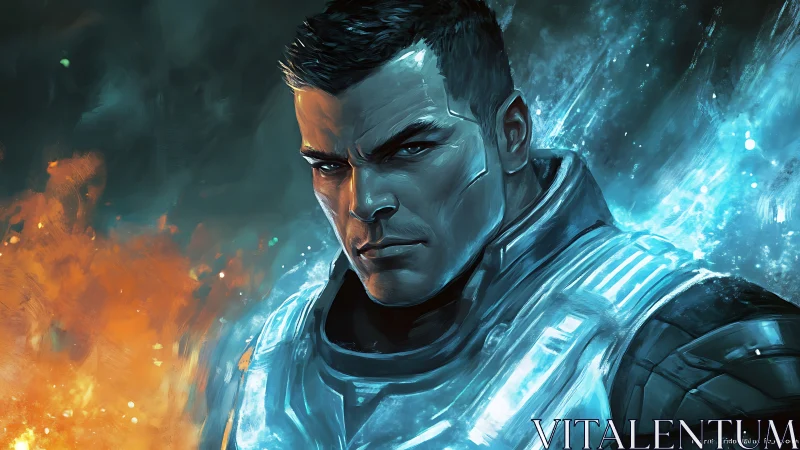 Cinematic sci fi soldier between fire and ice light clash.