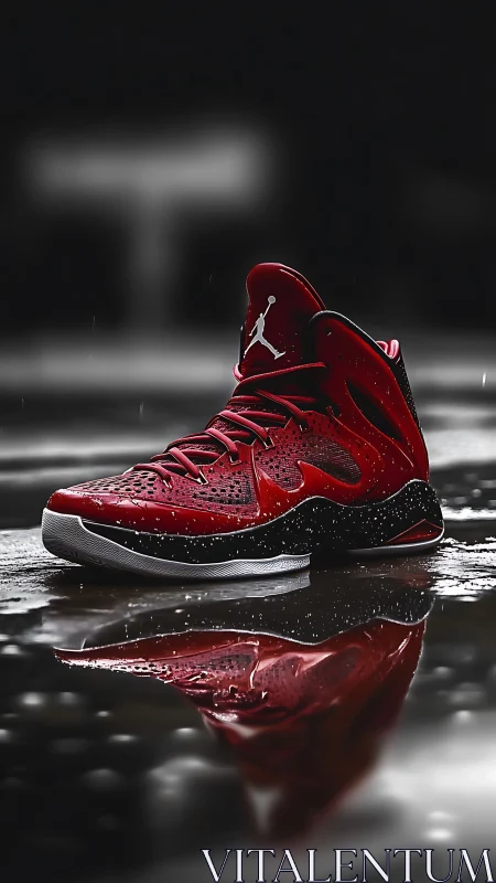 Red athletic sneaker on wet reflective surface outdoors.