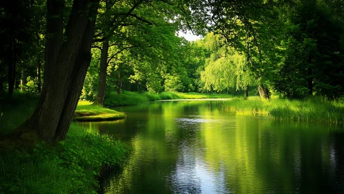 Tranquil River Bend in Lush Green Forest, Nature Photography.