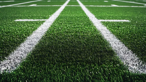 Sports turf field with crisp white yard lines perspective.